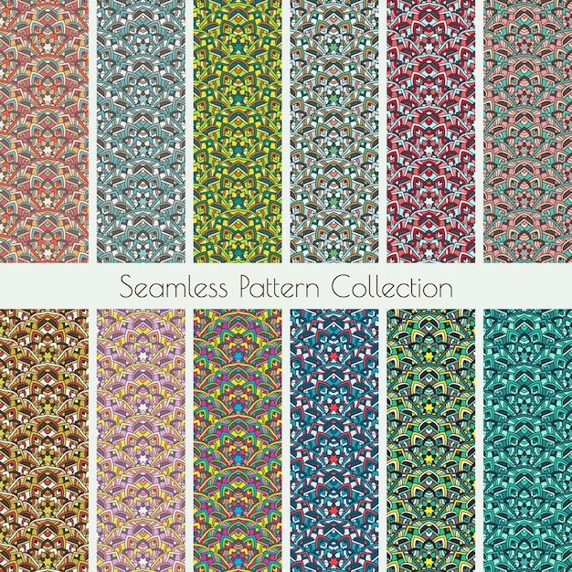 Colección geométrica de patrones sin fisuras. Conjunto de fondo de textura decorativa mandala, papel pintado, telón de fondo.