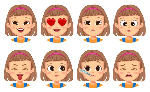 Vector colección de gestos faciales de niña