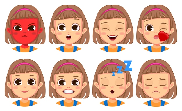 Vector colección de gestos faciales de niña