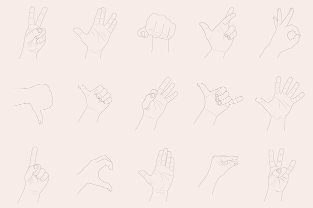 Vector colección de gestos de mano dibujados brazos humanos en estilo de contorno signos de dibujo aislados