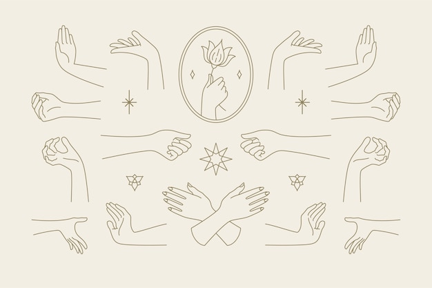 Colección de gestos de manos femeninas de ilustraciones de estilo dibujado a mano de arte lineal