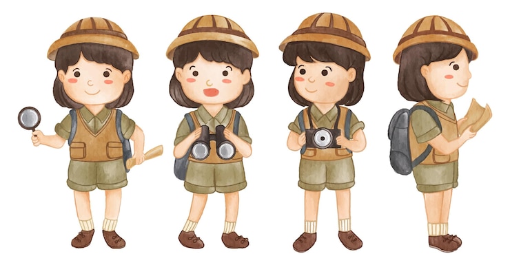 Vector colección de girl scouts con traje de senderismo pintura de acuarela realista con textura de papel diseño de personajes de dibujos animados vector