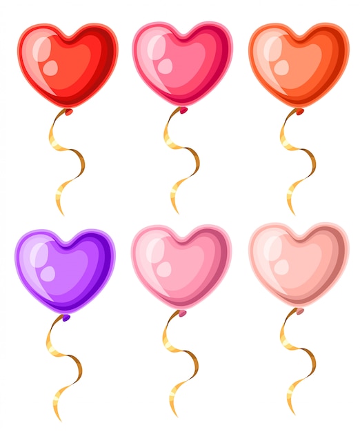 Colección de globos en forma de corazón con cintas doradas ilustración de globos de diferentes colores en la página del sitio web de fondo blanco y aplicación móvil