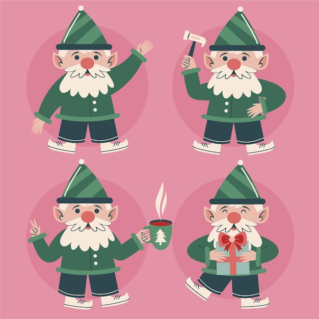 Vector colección gnomos navideños planos dibujados a mano