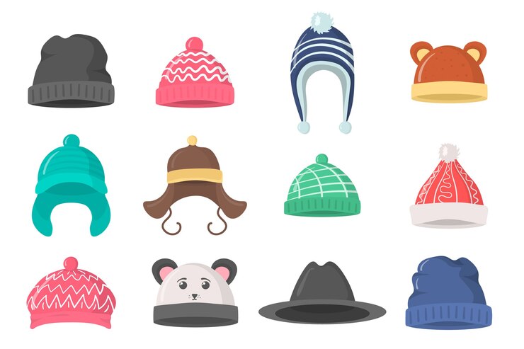 Vector colección de gorros de invierno u otoño de estilo plano. gorro de punto, gorras para niñas y niños en clima frío aislado sobre fondo blanco. icono de elemento de diseño de página web.