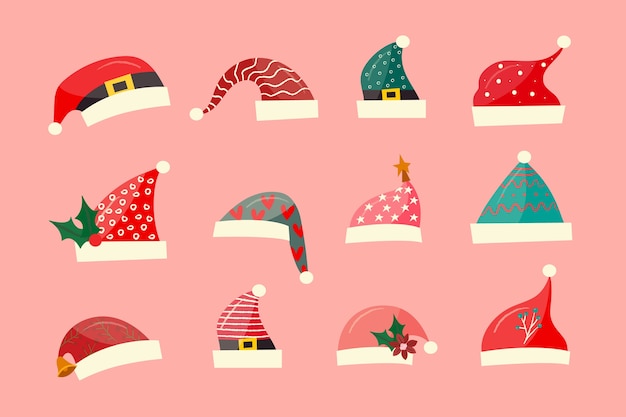 Colección de gorros de santa claus dibujados a mano