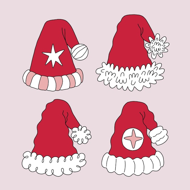 Vector colección de gorros de santa dibujados a mano