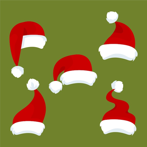 Colección de gorros de santa planos dibujados a mano