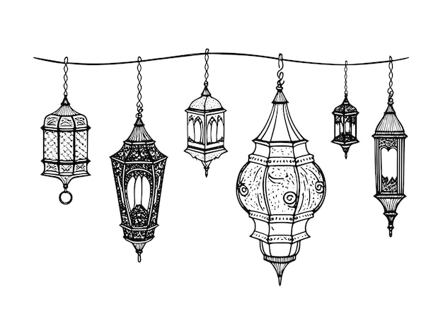 Una colección de grabados de estilo vintage que muestran luces colgantes de Ramadán y lámparas de farol