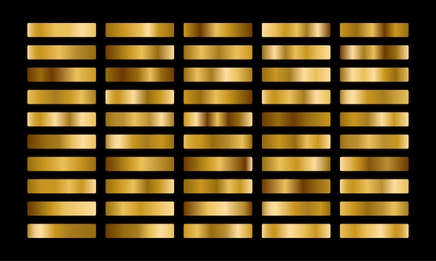Vector colección de gradiente de metal dorado y conjunto de textura de lámina de oro.