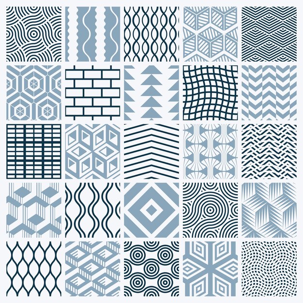 Colección gráfica de azulejos ornamentales, conjunto de patrones repetidos vectoriales monocromáticos. Las texturas abstractas de arte vintage se pueden utilizar como fondos de pantalla.