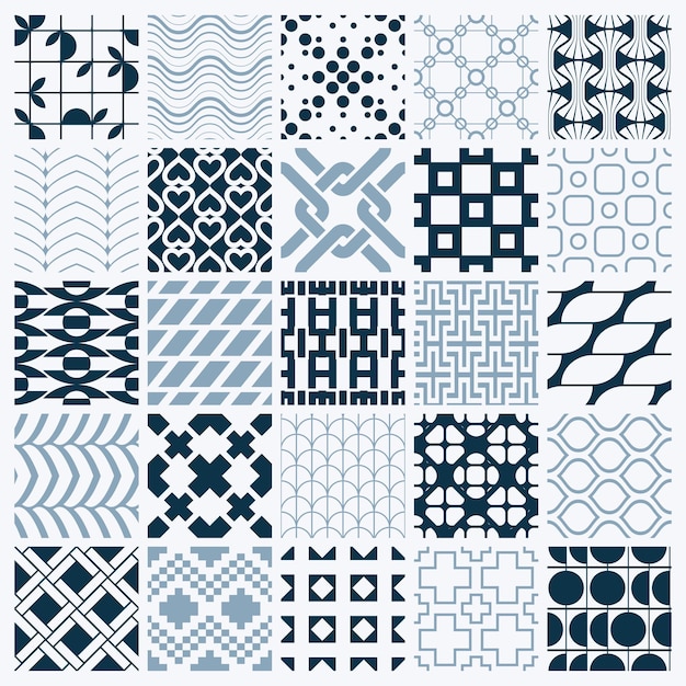 Colección gráfica de azulejos ornamentales, conjunto de patrones repetidos vectoriales monocromáticos. las texturas abstractas de arte vintage se pueden utilizar como fondos de pantalla.