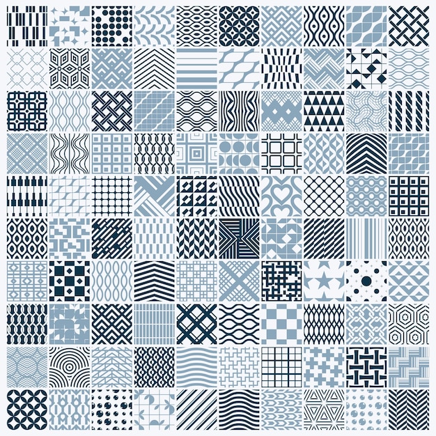 Colección gráfica de azulejos ornamentales, conjunto de patrones repetidos vectoriales monocromáticos. Las texturas abstractas de arte vintage se pueden utilizar como fondos de pantalla.