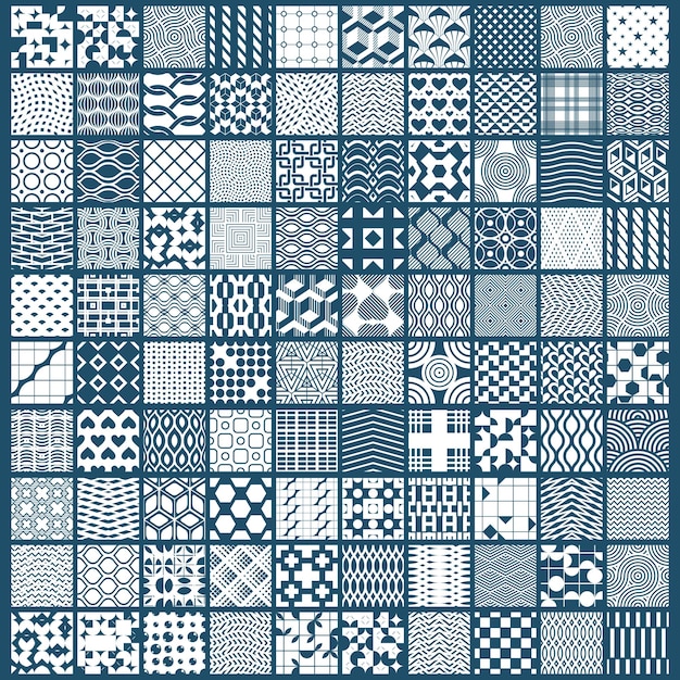 Colección gráfica de azulejos ornamentales, conjunto de patrones repetidos vectoriales monocromáticos. Las texturas abstractas de arte vintage se pueden utilizar como fondos de pantalla.