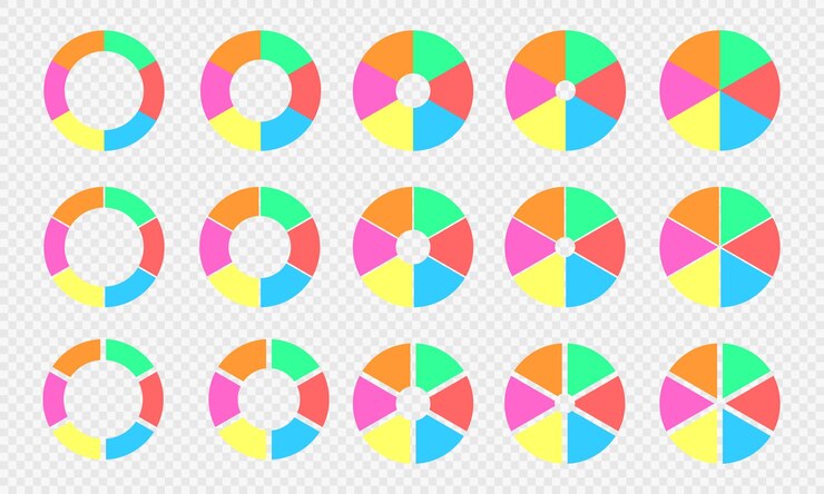 Vector colección de gráficos circulares y de anillos diagramas circulares divididos en 6 secciones de diferentes colores