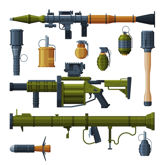 Vector colección de granadas de mano militares y lanzacohetes portátiles bazooka objetos de armas del ejército de combate ilustración vectorial de estilo plano