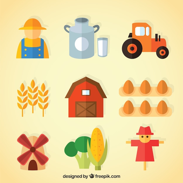 Colección de granjero y objetos útiles de granja en diseño plano