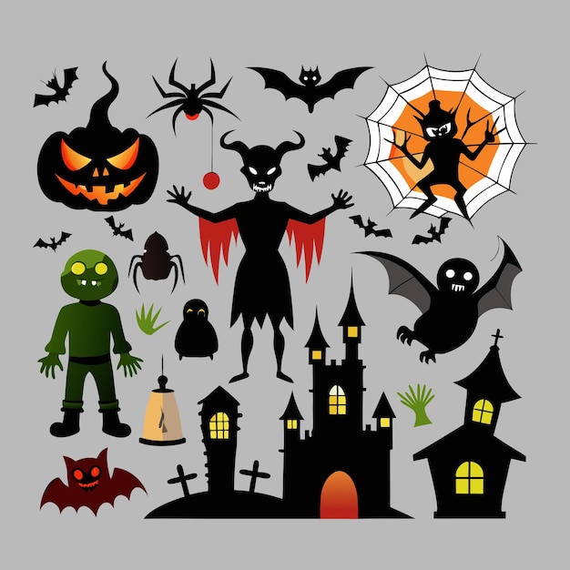 Colección gratuita de siluetas vectoriales de halloween con fondo blanco