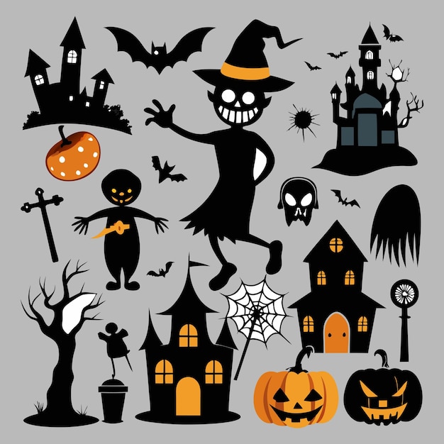 Colección gratuita de siluetas vectoriales de halloween con fondo blanco