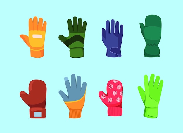 Colección de guantes ropa de temporada de invierno frío para manos tejidas y guantes de cuero ilustraciones vectoriales chillonas en estilo de dibujos animados