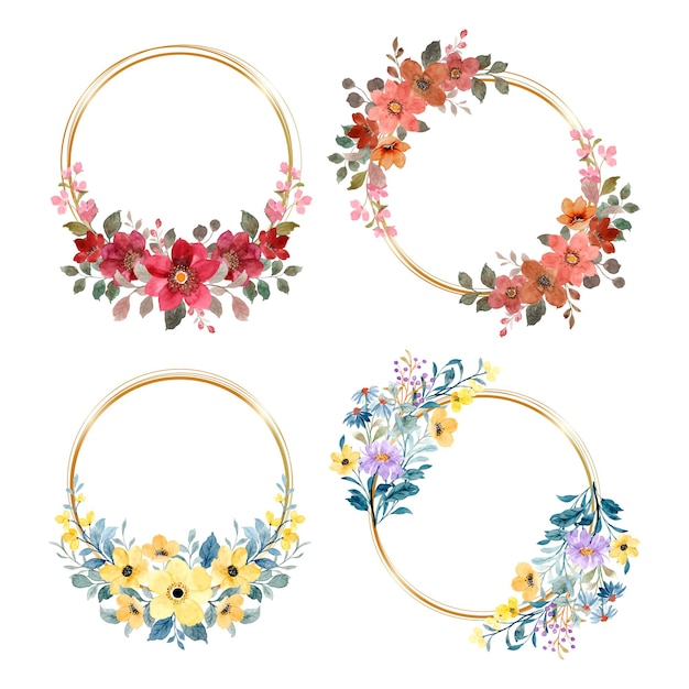 Colección de guirnaldas florales en acuarela con círculo dorado