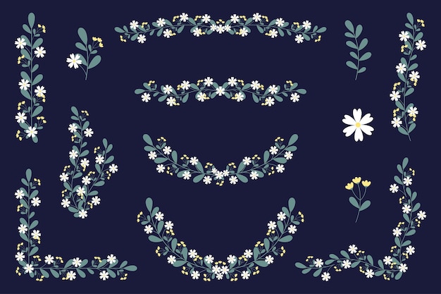 Colección de guirnaldas de flores y hojas blancas
