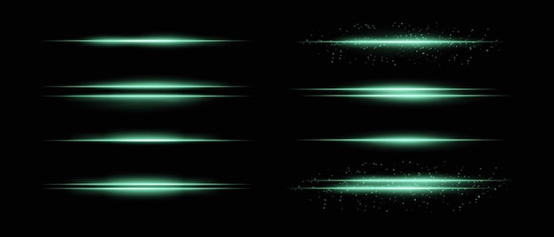 Colección de haces de luz horizontales verdes con chispas de brillo y efectos de partículas sutiles Líneas radiantes y deslumbramiento en un fondo oscuro ideales para agregar resaltado e intensidad