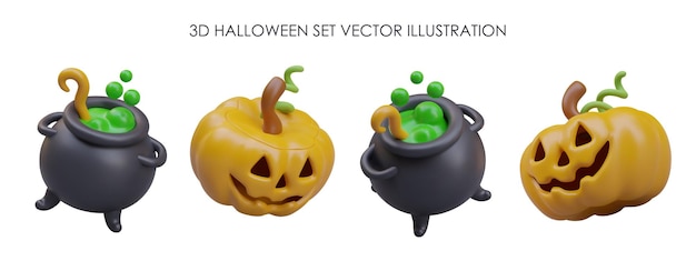 Vector colección para halloween decorativa gran tina negra con poción verde hirviendo en diferentes posiciones