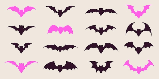 Colección de Halloween de siluetas de murciélagos rosas y negras aisladas en fondo crema volando juguetones