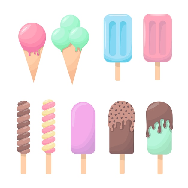 Colección de helados de verano delicioso en estilo plano 9 deliciosos sundaes coloridos Ilustración vectorial sobre un fondo blanco