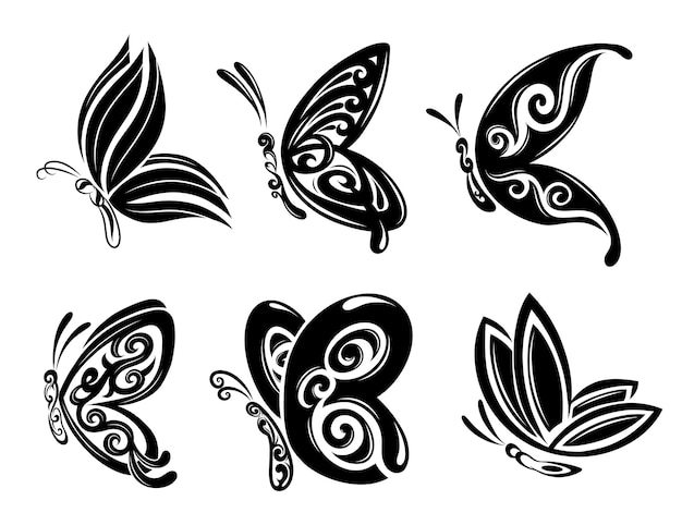 Colección de hermosas mariposas para diseño de tatuaje de ilustración