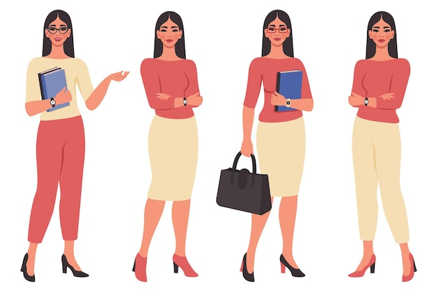 Colección de hermosas mujeres jóvenes Personaje plano femenino en diferentes poses Empresaria oficinista Profesora de escuela o universidad Concepto de negocio de estudio de educación Ilustración de dibujos animados vectoriales
