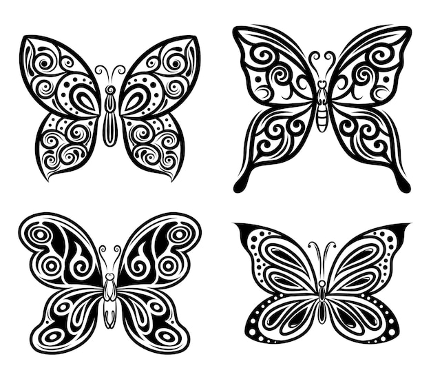 Colección de hermosas siluetas de mariposas estilo para el diseño del tatuaje de la ilustración
