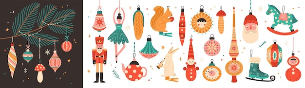 Colección de hermosos adornos y adornos para el árbol de Navidad. Conjunto de adornos navideños. Figuras de animales, Papá Noel, cascanueces, bailarina. Ilustración de vector de color en estilo de dibujos animados plana.