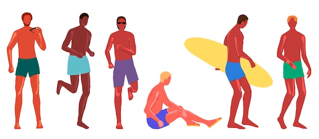 Colección de hermosos hombres en bañador. Chicos en diferentes poses, nacionalidades, colores de piel en la playa. Ilustración de vector dibujado a mano en estilo plano de dibujos animados.