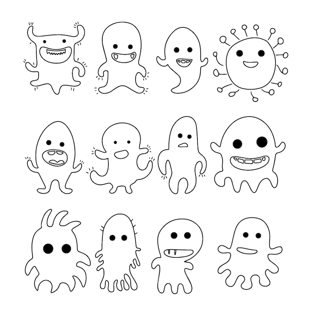 Colección de hermosos microbios en estilo doodle Arte vectorial dibujado a mano