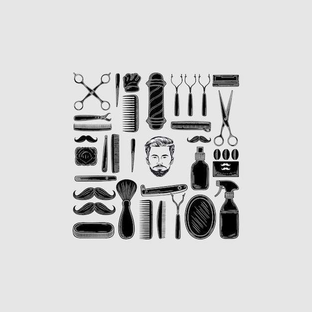 Colección de herramientas y accesorios de barbería antiguos