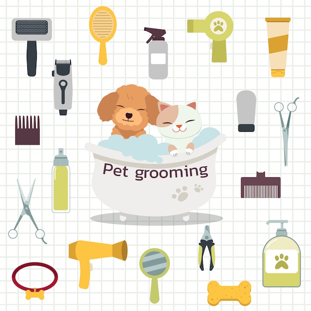 La colección de herramientas de aseo para mascotas con caniche y lindo gato en el baño con estilo plano.