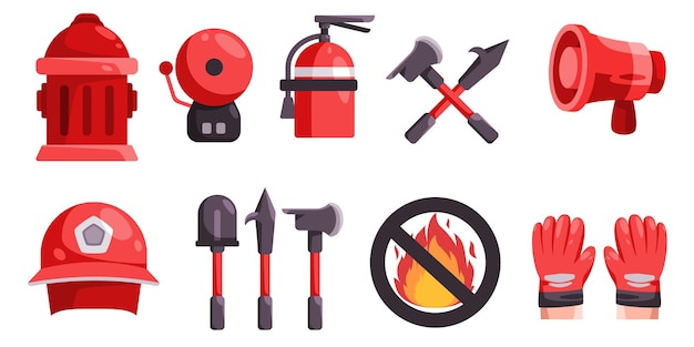 Vector colección de herramientas de bomberos conjunto de iconos objetos sin señal de fuego megáfono pala hacha de fuego casco alarma hidrante y extintor de incendios protección de emergencia seguridad rescate