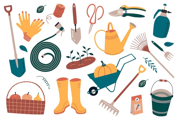 Colección de herramientas de jardinería tijeras de paleta y iconos de pala ilustraciones vectoriales de carretilla y