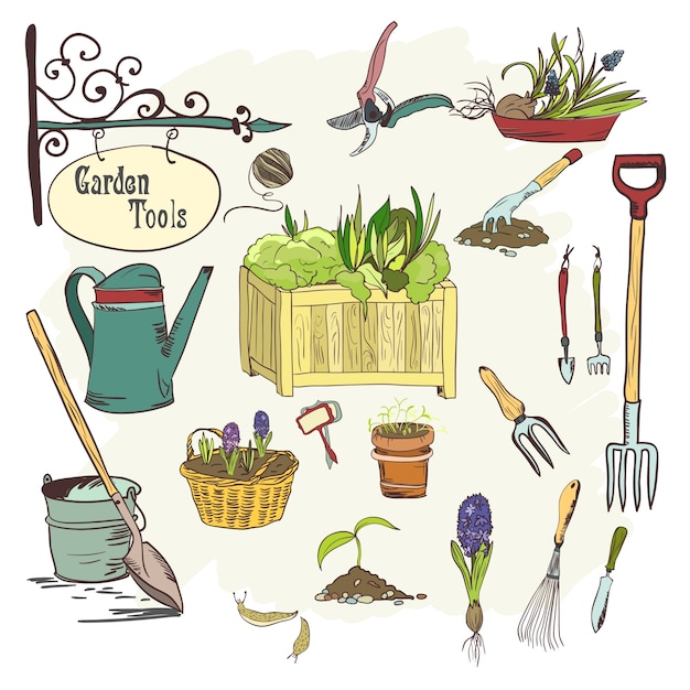 Colección de herramientas de jardinería