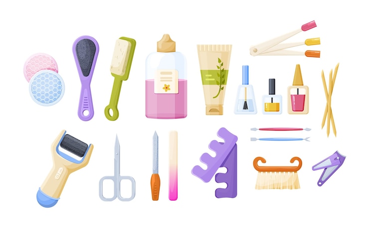 Vector colección de herramientas de manicura, pedicura y cosmética. conjunto de equipos para uñas piernas manos cuidado