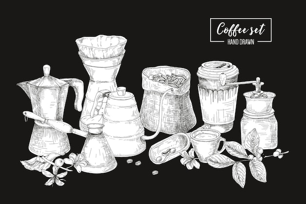 Colección de herramientas para preparar café en colores blanco y negro: olla moka, cezve turco, hervidor con pico largo, gotero de vidrio, molinillo. Ilustración monocromática en estilo vintage grabado.