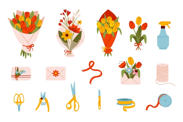 Colección de herramientas y ramos de arreglos florales, incluidas tijeras, cintas y tarjetas de regalo