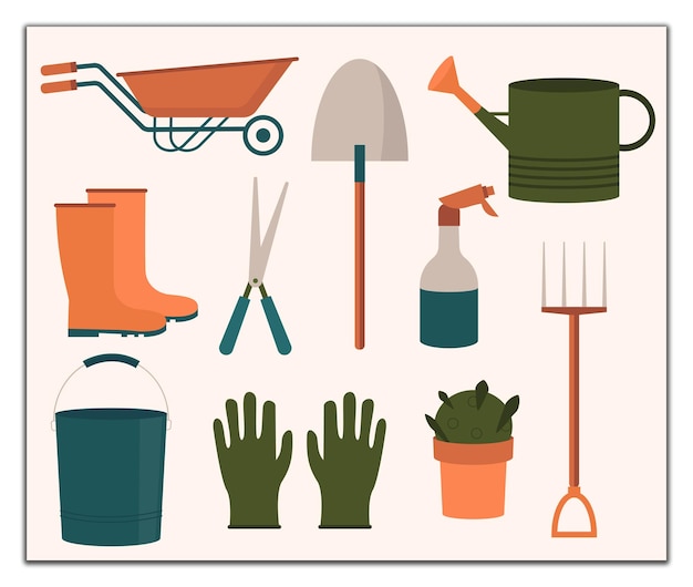 Colección de herramientas y suministros de jardinería y horticultura