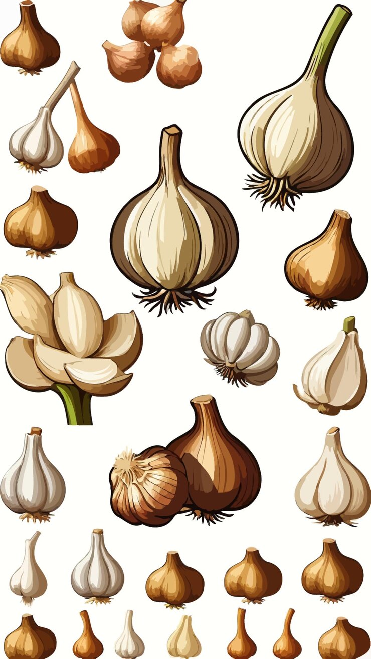 Vector una colección de hierbas de ajo y especias de dibujos animados de vector