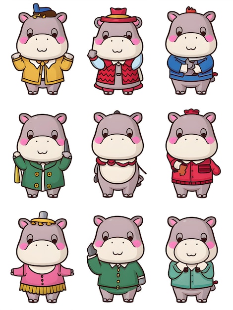 Vector colección de hipopótamos lindos 9 piezas kawaii hipopótamo lindos juego de pegatinas para descarga instantánea