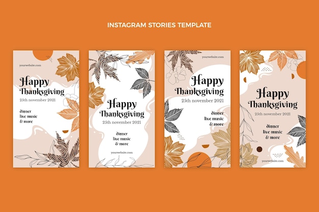 Colección de historias de instagram de acción de gracias plana dibujada a mano
