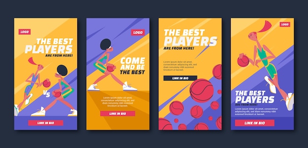 Vector colección de historias de instagram de baloncesto de diseño plano