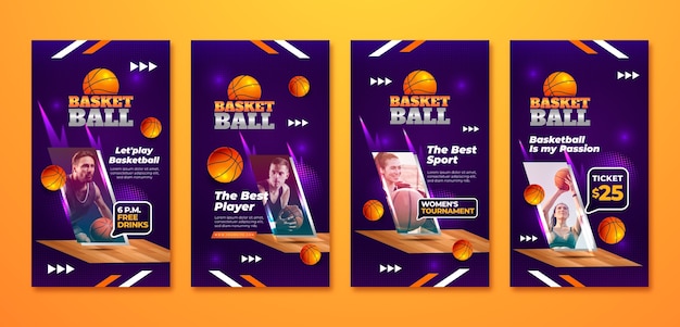 Colección de historias de instagram de baloncesto de semitono degradado